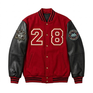 Veste universitaire rouge pour homme avec manches en cuir, numéro 28 brodé et motifs de patchs, tenue décontractée pour l'automne - Product Image 1
