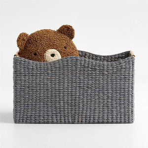 Contemporary <b>Grey</b> Woven Utility <b>Basket</b> with Wooden Handles, Durable Rectangular <b>Storage</b> Bin <b>for</b> Home Organization - Product Image 1