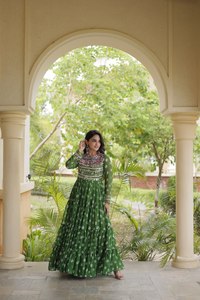 Robe Anarkali en coton brodé vert pour femme, style traditionnel indien et pakistanais, coupe ample, longueur ras du sol, tenue décontractée d'été - Product Image 2