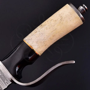 Cuchillo de Caza Bowie de Acero de Damasco, Forjado a Mano, con Mango de Cuerno de Búfalo y Hueso de Camello, para Caza y Camping, con Funda de Cuero - Product Image 3
