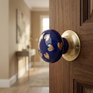 Pomo de Puerta de Porcelana Azul con Corazones Dorados, Tirador Redondo de Estilo Moderno para Cajones de Cocina y Muebles de Bar - Product Image 4