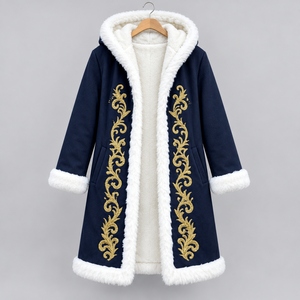 Manteau à capuche marron de haute qualité pour homme et femme avec broderie dorée, bordure en fausse fourrure, longueur genou, veste d'hiver - Product Image 4