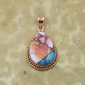 Pendentif en argent 925 fait main, perles et filigrane, incrustation de pierres précieuses en forme de poire, motifs rose, bleu, huître, cuivre, turquoise, cadeau bijou, style bohème chic - Product Image 6