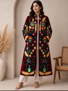 <b>Women</b> Hand Embroidered Suzani Velvet <b>Coat</b> Deep Burgundy Red Floral Paisley Motif Long Duster Jacket Open Front Kimono Robe Boho - Product Image 2