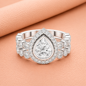 Ensemble de bagues de mariée en diamant Royal Teardrop Halo pour femmes, luxe, coupe ovale, alliance de fiançailles et de mariage, or massif 14 carats plaqué rhodium - Product Image 2