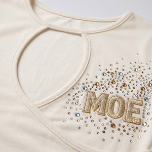 New Trendy <b>Rhinestone</b> Motif women's shirt Front Cut-Out White Long Sleeve Crop <b>Top</b> Back Criss-Cross Customized Cotton Blouse DTG - Product Image 5