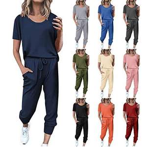 Women's Two Piece Breathable Lightweight Tracksuit Casual Summer V Neck Short Sleeve Tops Drawstring <b>Jogger</b> Pants Lounge Outfit - Product Image 3