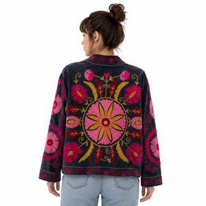 Veste en coton brodée à la main à motifs floraux pour femmes, style Prairie Chic, col rabattu, manches longues, style printemps - Product Image 2