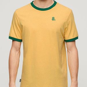 Men's <b>Yellow</b> Solid Short Sleeve O-Neck <b>T</b>-<b>Shirt</b> Green Contrast Trim Casual Front Blank 100% Cotton Knitted Fabric Quick Dry Plus - Product Image 4