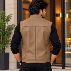 Chaleco sin mangas de cuero genuino para hombre Saleh, cuello alto, cremallera frontal, color sólido, informal, para invierno, estilo urbano, relleno de algodón - Product Image 3