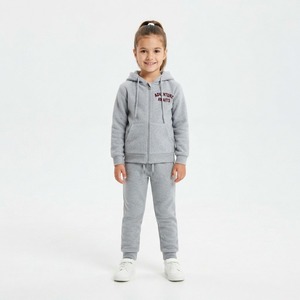 Ensemble survêtement gris à capuche pour filles, sweat-shirt et pantalon à fermeture éclair intégrale avec imprimé « l'aventure vous attend », tenue décontractée pour l'automne - Product Image 1