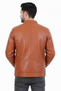 Chaqueta Clásica de Cuero Sintético Color Bronceado para Hombre con Cuello Mao - Product Image 3