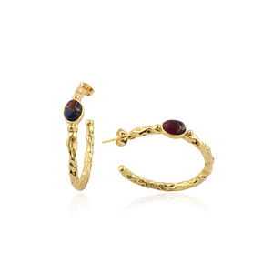 Designer Ethnic 18k Gold Plated Bezel Setting Oval Multiple Stone Hoop <b>Earrings</b> Hammered Texture Push <b>Back</b> Closure High Quality - Product Image 4