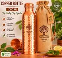 Bouteille d'eau en cuivre 1000 ml, cuivre pur, anti-fuite, écologique, sans BPA, passe au lave-vaisselle, sac en jute, design pour la randonnée, le camping et les voyages