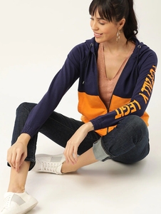 Sudadera con capucha y cremallera para mujer, con bloques de color, azul marino y naranja, de manga larga, tejida, transpirable, para uso casual de otoño - Product Image 3