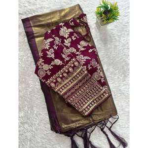 Sari en soie avec travail de tissage Zari et chemisier cousu en vin - Product Image 1
