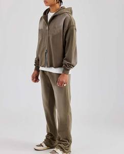 Wholesale 2025 Custom New Design 420gsm Heavy Cotton Blank Tracksuit Acid Washed Zipper Hoodie And Sweatpants For Men - Product Image 4