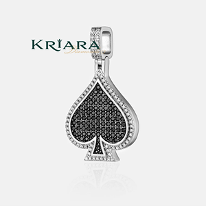 Pendentif pique en argent 925 avec diamant de laboratoire noir et halo de diamants blancs taille brillant rond, bijou unisexe - Product Image 1