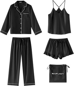 Ensembles de vêtements de nuit pour femmes en satin de soie doux de haute qualité, légers, coupe classique, confort, couleur personnalisée, 4 pièces - Product Image 1