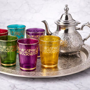 Service à thé marocain best-seller, 6 verres multicolores, un plateau, une théière, dans un coffret cadeau - Product Image 1