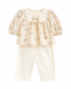 Ensemble haut à fleurs pour bébé fille, manches longues avec détail nœud, pantalon assorti |   Ensemble 2 pièces en coton pour tout-petit - Product Image 1