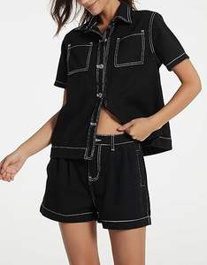 Conjunto de dos piezas de mezclilla para mujer: Top y shorts, estilo vaquero sexy con botones, atuendo casual de mezclilla de manga larga con cremallera. - Product Image 5