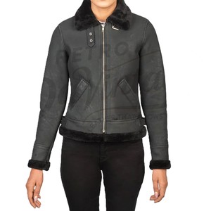 Women Black Distressed Real <b>Leather</b> <b>Jacket</b> Black Faux Fur Trim Slim Fit Premium Sheepskin Winter Biker Outerwear Coat - Product Image 1