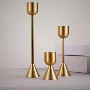 Architectural Brushed <b>Brass</b> Taper <b>Candlestick</b> Set of 3 Geometric Conical Base Metal Candle Spires with Goblet Cups - Product Image 1