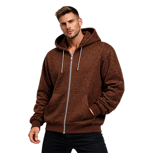 เสื้อฮู้ดซิปสีน้ำตาลแบบยูนิเซ็กซ์ ประดับคริสตัล ผ้าฟลีซสั่งทำพิเศษ ผ้าฝ้าย 100% ทรงโอเวอร์ไซส์ สไตล์ลำลอง สตรีทแวร์ มีกระเป๋าหน้า - Product Image 1