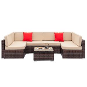 Set Divano 7 Pezzi in Rattan e Legno Teak Marrone con Cuscini Impermeabili, Telaio in Alluminio e Rattan PE per Esterni e Uso in Fattoria - Product Image 1