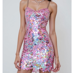 Women Sequin Beaded Embroidered Mini Dress Spaghetti Strap Party Bodycon Square Neck Mythology Mermaid Griffin Pattern - Product Image 5