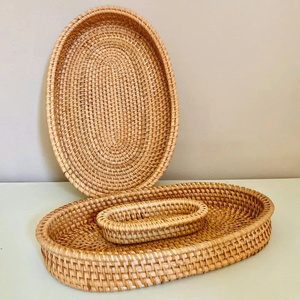 Set of Handwoven Oval Rattan Serving <b>Trays</b> Natural Wicker Organizer <b>Baskets</b> for Kitchen Dining Hospitality OEM ODM Wholesale - Product Image 2