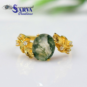 Women's Gold Plated Moissanite <b>Ring</b> With Natural <b>Moss</b> <b>Agate</b> Gemstone Vintage Plant Design Prong Setting Everyday Wear - Product Image 2