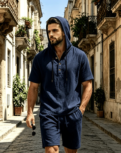 Men's Cotton Hooded Short Sleeve Shirt Set Solid Color Casual Summer Breathable Woven Quick Dry 120g 2pcs Made Bangladesh High - Product Image 2