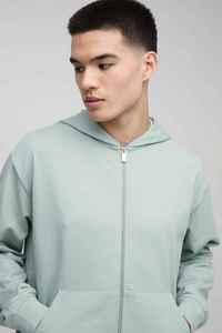 Sudadera con Capucha y Cremallera Extra Grande para Hombre, Verde Claro, 100% Algodón, Felpa Francesa, Estilo Casual para Otoño, Corte Regular, Diseño Liso - Product Image 5