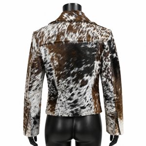 Blouson de moto en cuir marron et blanc à imprimé animal pour homme, col rabattu, fermeture éclair, ceinture, coupe ajustée, style hiver, imperméable - Product Image 2