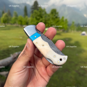 UA Supplies Industrial Grade Damascus Steel Clip Point Folding Knife Straight Edge White Handle 6.5in Overall Length Hunting EDC - Product Image 3