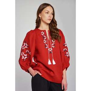 Blusa Étnica Boho de Algodón Rojo Bordado para Mujer con Mangas Abullonadas Completas y Cuello con Borlas - Product Image 1