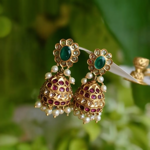 Ethnic Pearl Jhumka Earrings for Wedding and Party-Brass Alloy with Diamond Accents - Product Image 3
