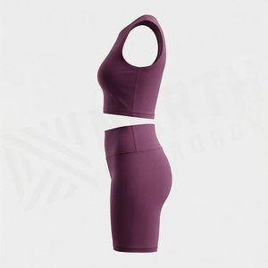 Conjunto Deportivo de 2 Piezas para Mujer, Color Sólido, Top Corto sin Mangas y Pantalones Cortos de Cintura Alta, Estilo Deportivo, para Primavera/Verano - Product Image 3