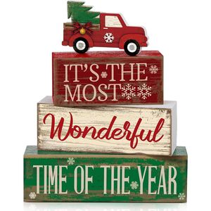 Set di 4 Blocchi Decorativi in Legno Rustico a Forma di Camion Rosso, Decorazioni Natalizie per Centrotavola e Vassoi a Più Livelli - Product Image 1