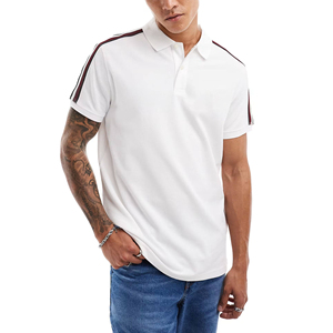 Polo de manga larga con cuello a rayas, diseño nuevo con franja en el hombro, color sólido, personalizable, 210 g/m², con dobladillo dividido. - Product Image 1