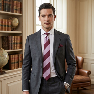 <b>Tie</b> Benon Onion Pink Wine Broad Stripe Silk <b>Tie</b> | Pocket Square <b>Set</b> Elegant Stylish | Formal Wedding Business Accessory Premiums - Product Image 2