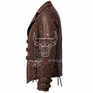Veste d'hiver pour homme en cuir véritable, motif tête de mort en relief, fermeture éclair, col montant, capuche, style motard gothique - Product Image 3