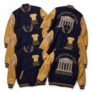 Wholesale Varsity Jacket Slate Grey Wool Body Cream Leather Sleeve Classic Architecture Colonnade <b>Temple</b> Acanthus Embroidery - Product Image 4