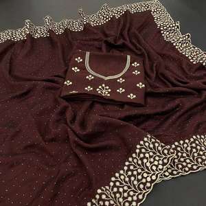 BORDADO DE SEDA VICHITRA A LA MODA CON CORTE DE DIAMANTE TRABAJO SAREE CON BLUSA DESCOSADA MARRÓN - Product Image 1