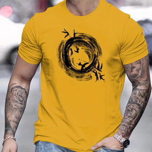 T-shirt à manches courtes pour hommes, 100% pur coton, décontracté, ample et simple, à la mode, avec motif d'oiseau imprimé, col rond, manches courtes - Product Image 1