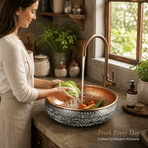 Handcrafted Dual Tone Copper Vessel Wash <b>Basin</b> <b>Round</b> Luxury Countertop Bathroom Sink Embossed Designer <b>Basin</b> for Home and Hotel - Product Image 3