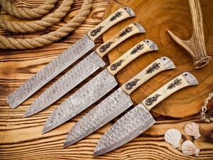 Juego de Cuchillos de Chef de Acero de Damasco Forjado a Mano, Mango de Hueso, Estilo Tradicional, Hoja de 6-7.9 Pulgadas, Ambidiestros, Acabado Satinado - Product Image 3