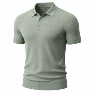 Polo de punto gofrado personalizado para hombre, verde salvia, manga corta, mezcla de algodón texturizado, corte ajustado informal, estilo urbano de verano - Product Image 1